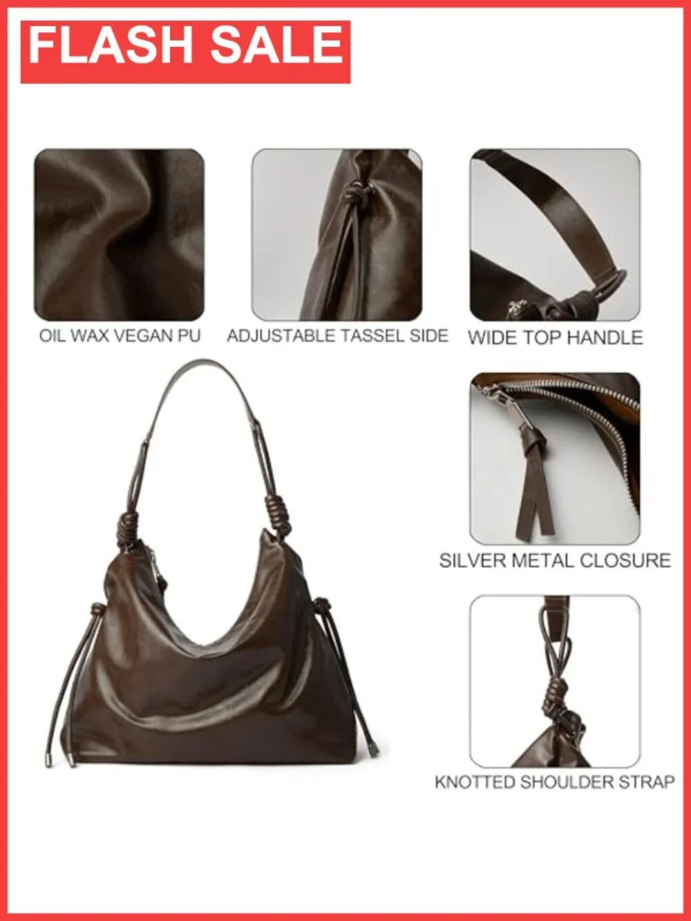 Large Hobo Shoulder Bag Soft Oil Waxed Vegan PU Knotted Strap Tote Purse